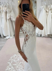 Trumpet Mermaid Plunge Neck Sleeveless Court Train Elastic Satin Wedding Dress with Appliques