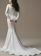 Trumpet Mermaid Scoop Neck Long Sleeves Court Train Crepe Satin Wedding Dress with Beading