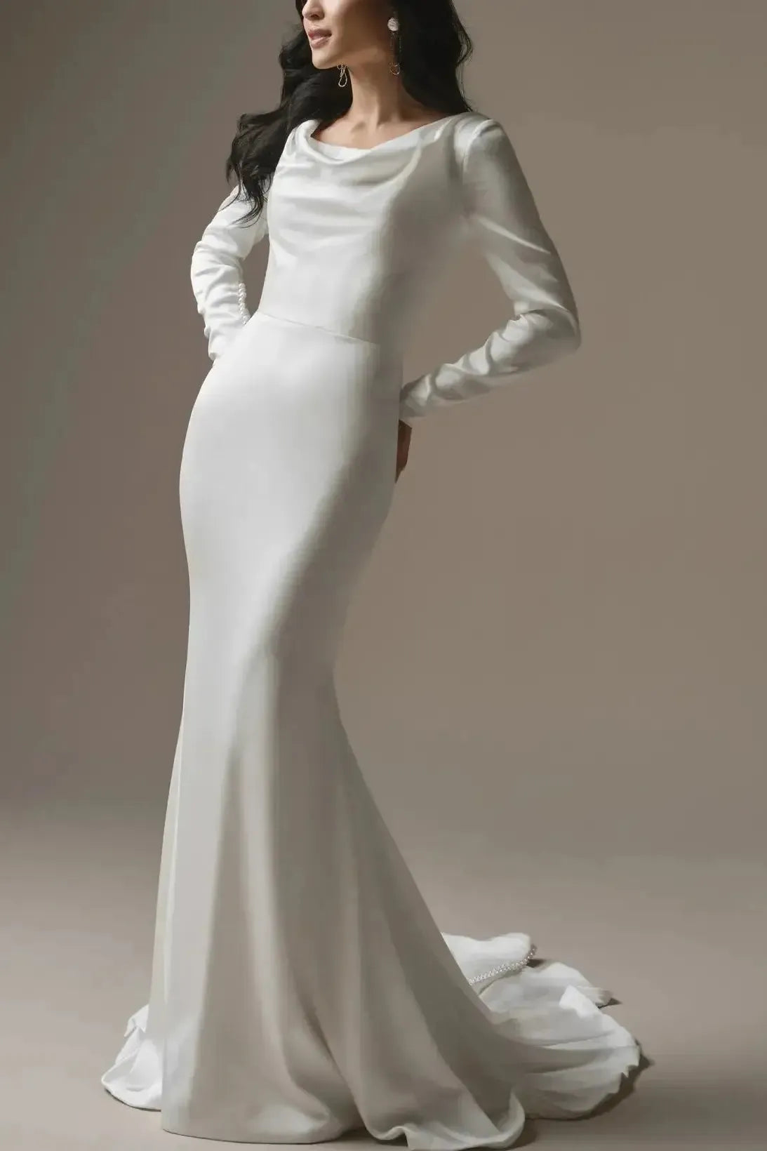 Trumpet Mermaid Scoop Neck Long Sleeves Court Train Crepe Satin Wedding Dress with Beading