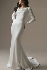 Trumpet Mermaid Scoop Neck Long Sleeves Court Train Crepe Satin Wedding Dress with Beading