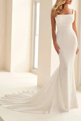 Trumpet Mermaid Square Neckline Sleeveless Court Train Crepe Satin Wedding Dress with Bow
