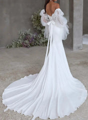 Trumpet Mermaid Sweetheart Detachable Sleeves Court Train Lace Satin Wedding Dress with Bow