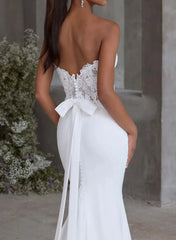 Trumpet Mermaid Sweetheart Detachable Sleeves Court Train Lace Satin Wedding Dress with Bow
