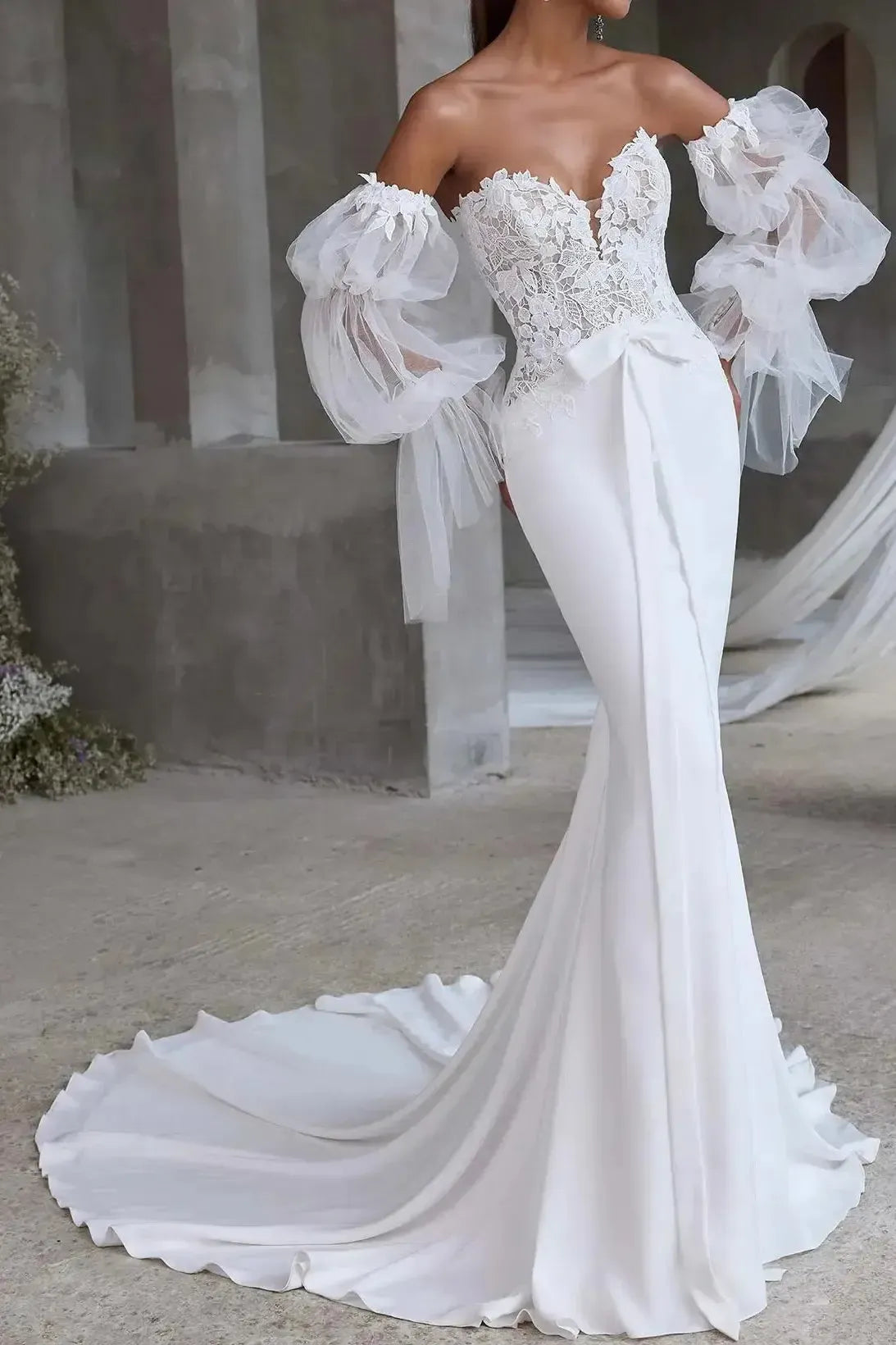 Trumpet Mermaid Sweetheart Detachable Sleeves Court Train Lace Satin Wedding Dress with Bow