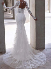 Trumpet Mermaid Sweetheart Long Sleeves Court Train Elastic Satin Wedding Dress with Appliques