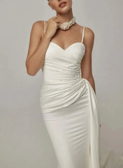 Trumpet Mermaid Sweetheart Sleeveless Chapel Train Crepe Satin Wedding Dress with Beading
