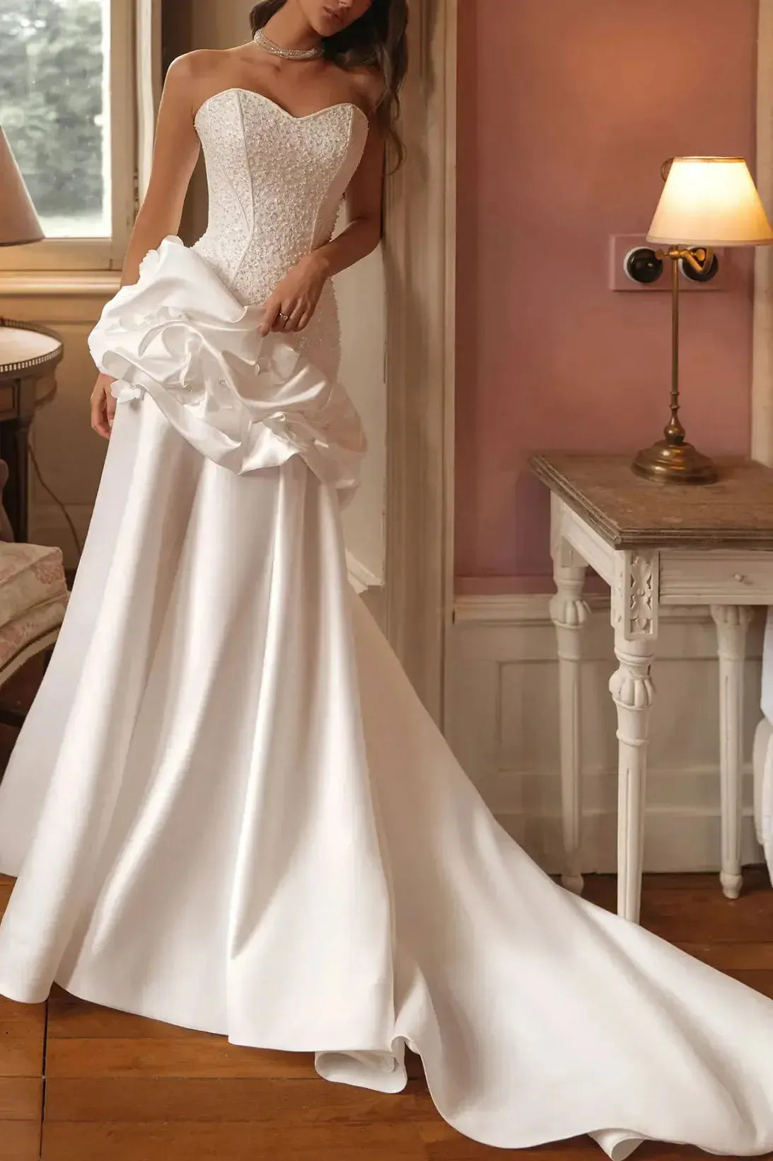 Trumpet Mermaid Sweetheart Sleeveless Chapel Train Satin Wedding Dress with Flowers