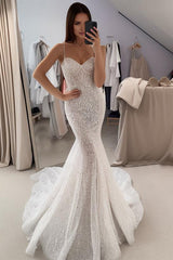 Trumpet Mermaid Sweetheart Sleeveless Sequined Beach Wedding Dresses