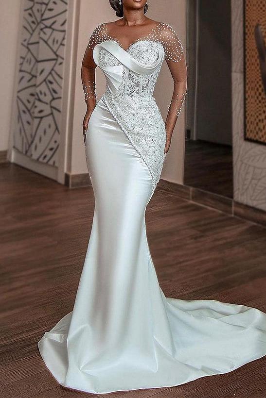 Trumpet Mermaid V Neck 3 4 Sleeves Lace Satin Wedding Dresses With Beading Appliques Lace