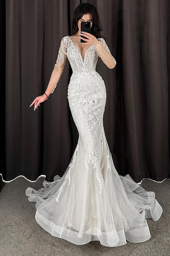 Trumpet Mermaid V Neck Long Sleeves Lace Tulle Wedding Dresses