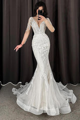 Trumpet Mermaid V Neck Long Sleeves Lace Tulle Wedding Dresses