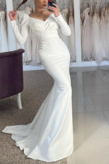 Trumpet Mermaid V Neck Long Sleeves Sweep Train Satin Wedding Dresses