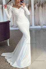 Trumpet Mermaid V Neck Long Sleeves Sweep Train Satin Wedding Dresses