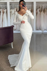 Trumpet Mermaid V Neck Long Sleeves Sweep Train Satin Wedding Dresses