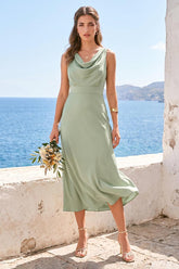 Trumpet/Mermaid Cowl Neck Sleeveless Tea-Length Ruched Bridesmaid Dresses As Picture