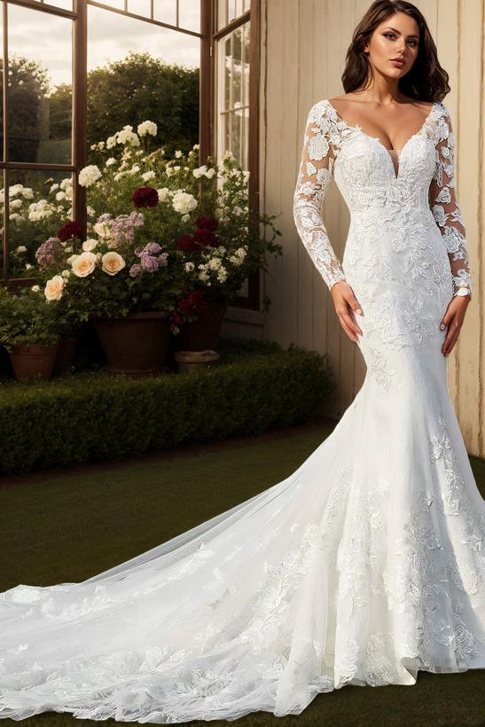 Dreamyannie Women Wedding Dress Trumpet/Mermaid V-Neck Long Sleeves Sweep Train Lace Bridal Dress Dreamyannie UK Dreamyannie Women Wedding Dress Trumpet/Mermaid V-Neck Long Sleeves Sweep Train Lace Bridal Dress Dreamyannie UK