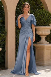 Trumpet/Mermaid V-Neck Short Sleeves Floor-Length Bridesmaid Dresses with Split Side & Ruffles