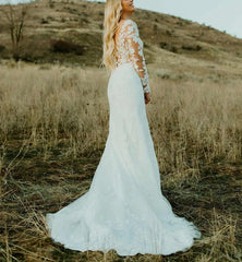 Trumpet/Mermaid V-neck Long Sleeves Tulle Lace Sweep Train Beach Wedding Dress With Appliques Lace