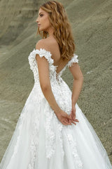 Tulle A Line Wedding Dress with 3D Floral Lace and Off Shoulder Sleeves