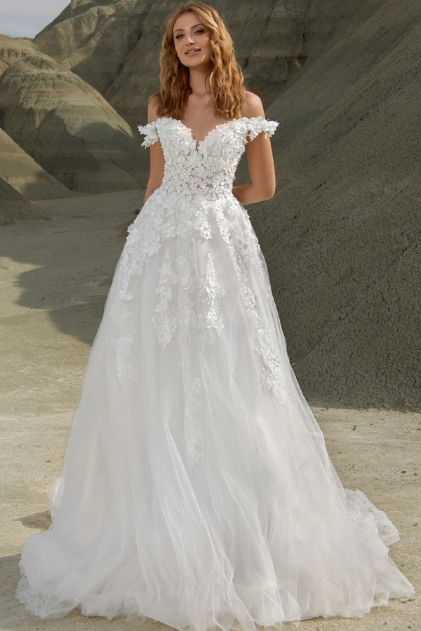 Tulle A Line Wedding Dress with 3D Floral Lace and Off Shoulder Sleeves