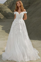 Tulle A Line Wedding Dress with 3D Floral Lace and Off Shoulder Sleeves