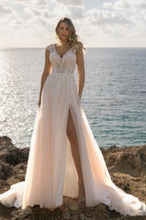 Tulle A Line Wedding Dress with Lace Cap Sleeves and Side Slit