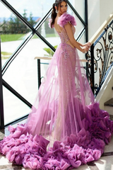 Tulle Beaded Prom Dress Ruffled Sleeveless A Line Evening Dress