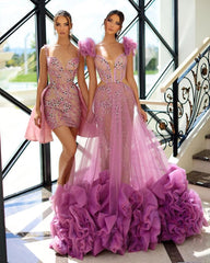 Tulle Beaded Prom Dress Ruffled Sleeveless A Line Evening Dress