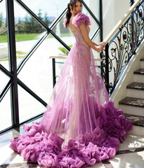 Tulle Beaded Prom Dress Ruffled Sleeveless A Line Evening Dress