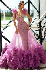 Tulle Beaded Prom Dress Ruffled Sleeveless A Line Evening Dress