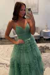 Tulle Spaghetti Straps Sage Prom Dress Ruffled Long Formal Dress