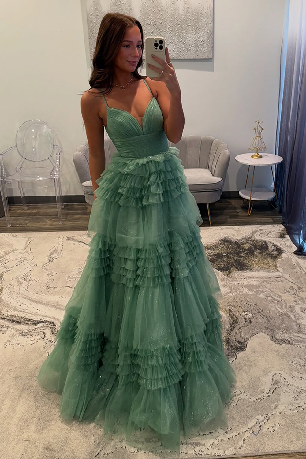 Tulle Spaghetti Straps Sage Prom Dress Ruffled Long Formal Dress