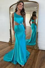 Turquoise Prom Dress One Shoulder Mermaid Satin Long Evening Dress