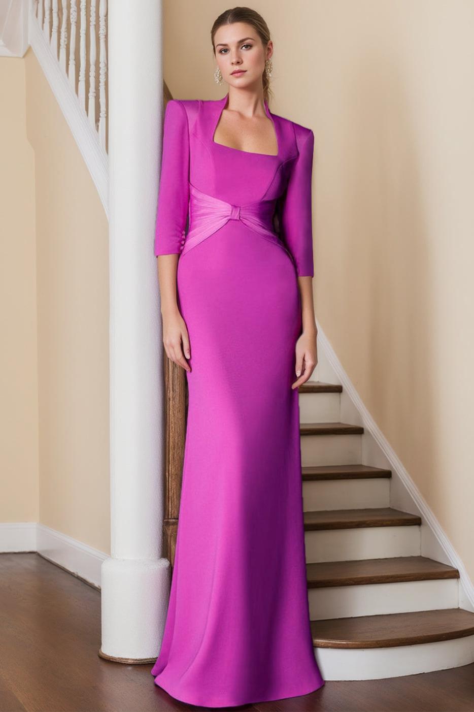 Unique Floor-Length Mother of the Bride Dress with Ruffles and 3/4 Sleeves