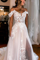 Unique Ivory Detachable Sleeve High Slit A-Line Wedding Dress with Appliques