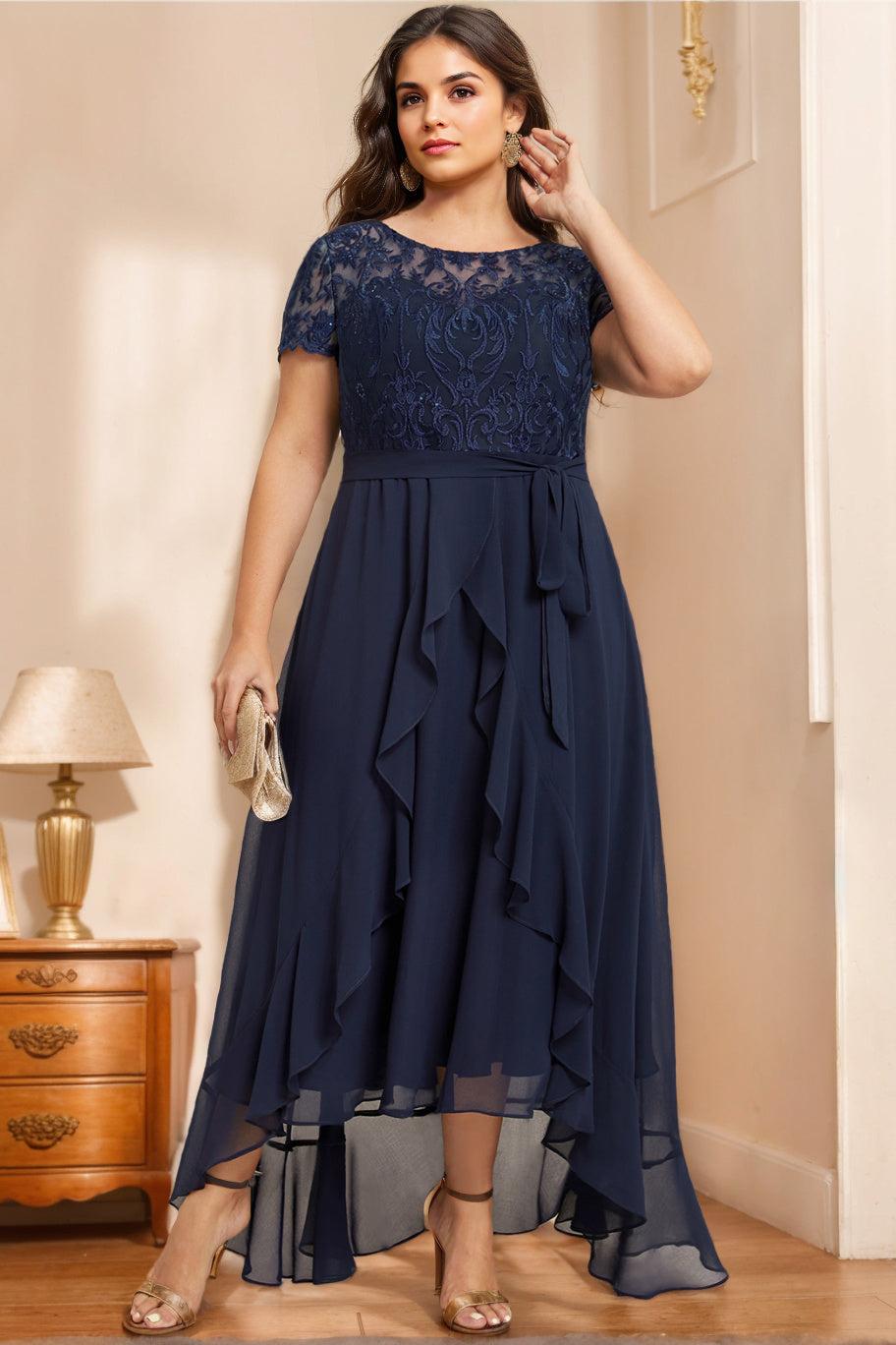 Unique Plus Size Mother of the Bride A-Line Dress with Scoop Neck Short Sleeves Bow Ruffles & Sequins