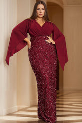 Unique Plus Size V-Neck Floor-Length Mother of the Bride Dress with Flare Sleeves and Sequined Sheath/Column Design