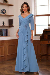 V-Neck 3/4 Sleeve Floor-Length Sheath/Column Mother of the Bride Dress with Ruffles & Appliques