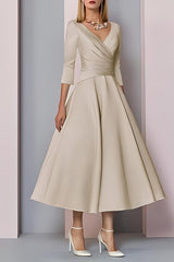 V Neck 3/4 Sleeves Wedding Guest Dress A Line Evening Dress