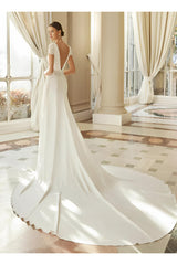 V-Neck A-Line Beach Wedding Dress With Lace Short Sleeves Court Train Elastic Satin