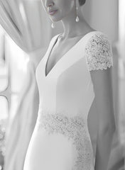 V-Neck A-Line Beach Wedding Dress With Lace Short Sleeves Court Train Elastic Satin