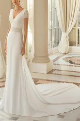 V-Neck A-Line Beach Wedding Dress With Lace Short Sleeves Court Train Elastic Satin
