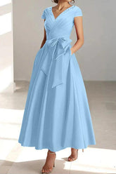 V-Neck A-Line Princess Ankle-Length Mother of the Bride Dress With Short Sleeves Pockets & Ruffles