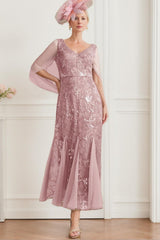 V-Neck A-Line Princess Ankle-Length Mother of the Bride Dress in Solid Color with Lace Half Sleeves