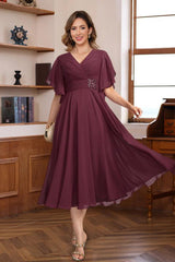 V-Neck A-Line Princess Dresses with Ruched Pleats and Jewel Appliques for Mothers of the Bride & Groom