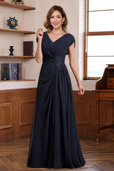 V-Neck A-Line Princess Floor-Length Dresses for Mothers of the Bride & Groom with Ruched Pleats Jewel Appliques & Sequins