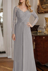 V-Neck A-Line Princess Floor-Length Mother of the Bride Dress Featuring Lace Ruffle