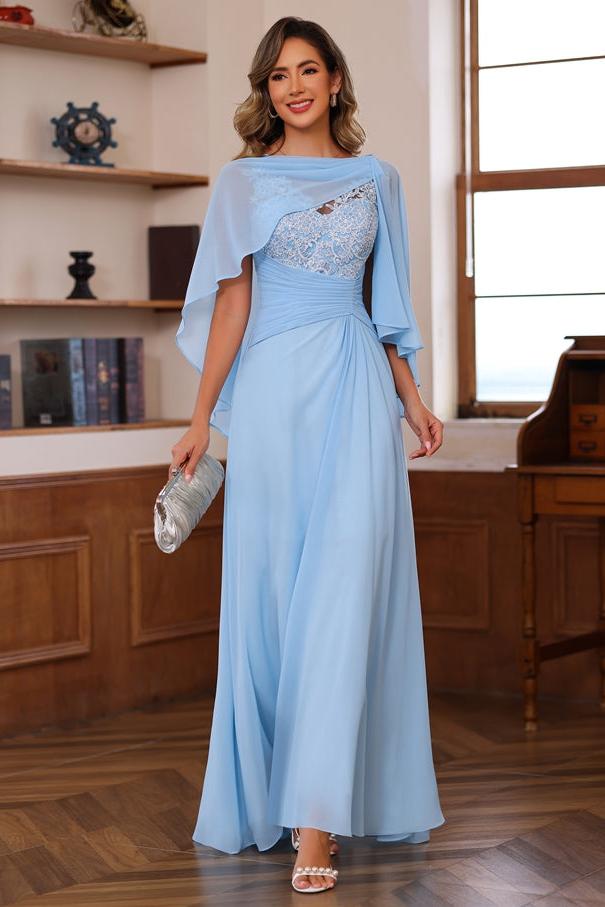 V-Neck A-Line Princess Floor-Length Mother of the Bride Dress with Appliques Ruffles & Wrap in 2 Pics