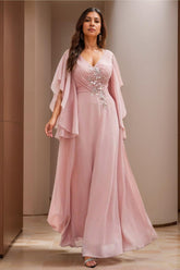 V-Neck A-Line Princess Floor-Length Mother of the Bride Dress with Short Sleeves and Appliques Lace
