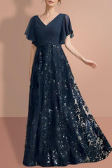 V-Neck A-Line Princess Floor-Length Mother of the Bride Dress with Short Sleeves and Sequins